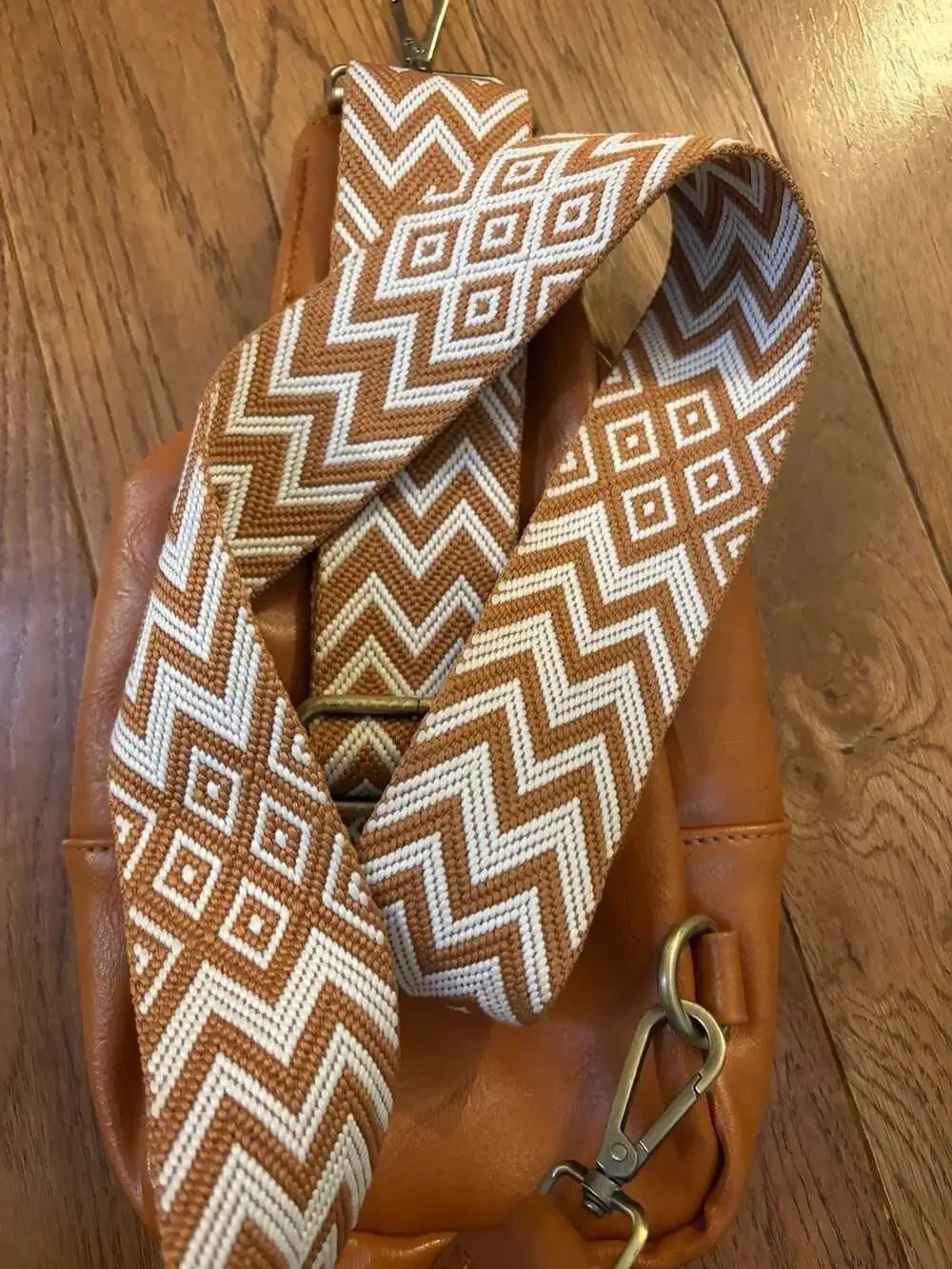 Vegan Faux Leather Sling Crossbody Bag with Geometric Pattern Strap